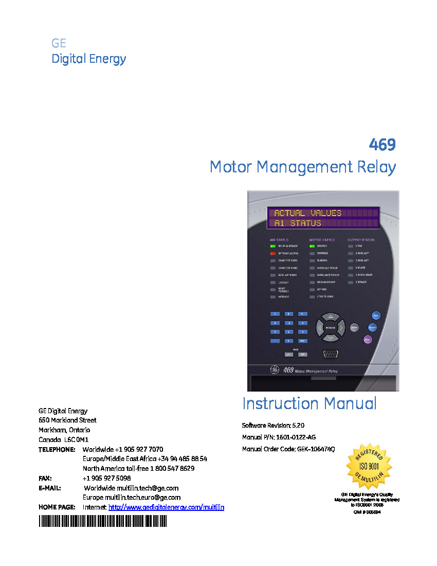 First Page Image of SR469-P5-LO-A20-E GE Multilin 469 Manual 1601-0122-AG.pdf